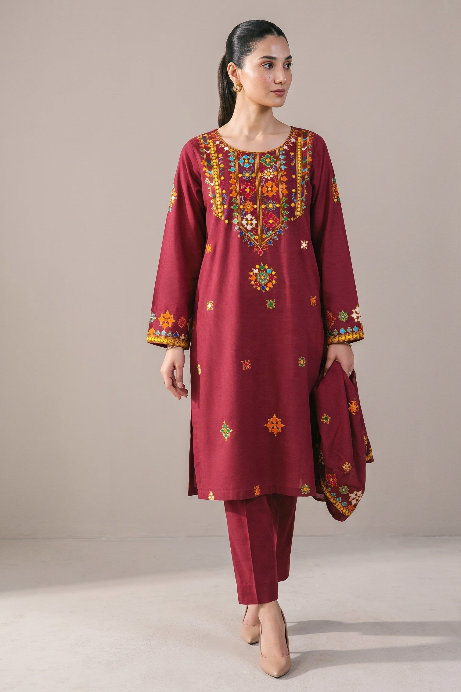 Maroon Phulkari Yoke Kurta Set - front