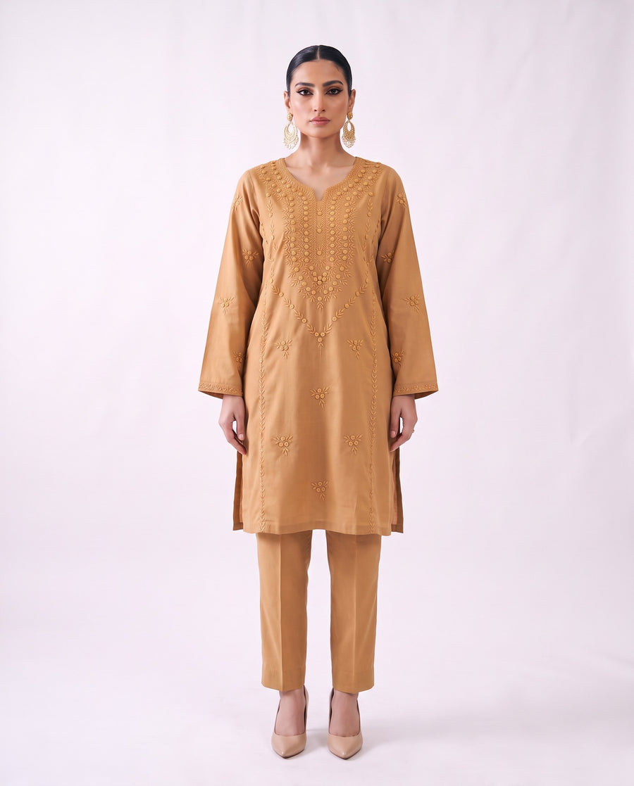 Camel gold embroidered kurta set, design shot