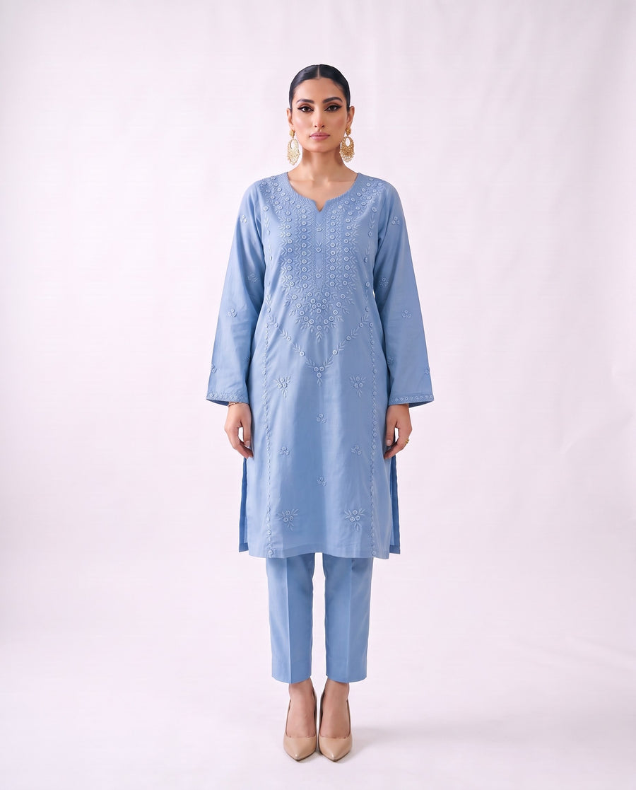 Cornflower blue embroidered kurta set, design shot