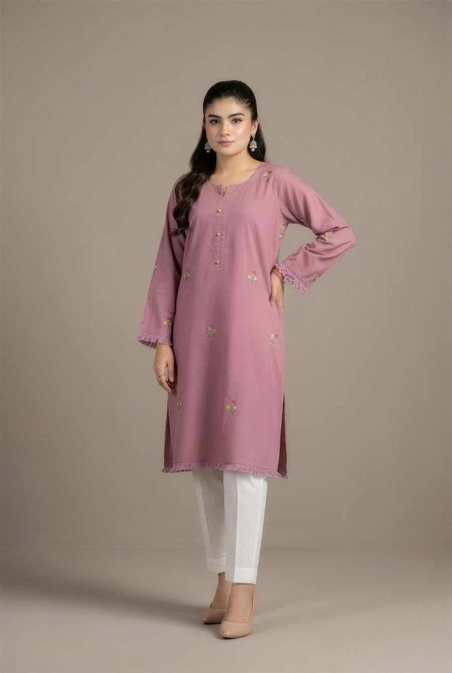 Dusty rose embroidered kurta set with white shalwar, front view