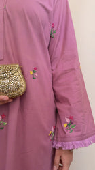 Dusty rose kurta real embroidery and fringed cuff close-up