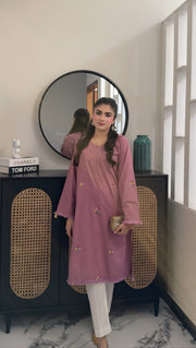 Dusty rose embroidered kurta set worn, real photo