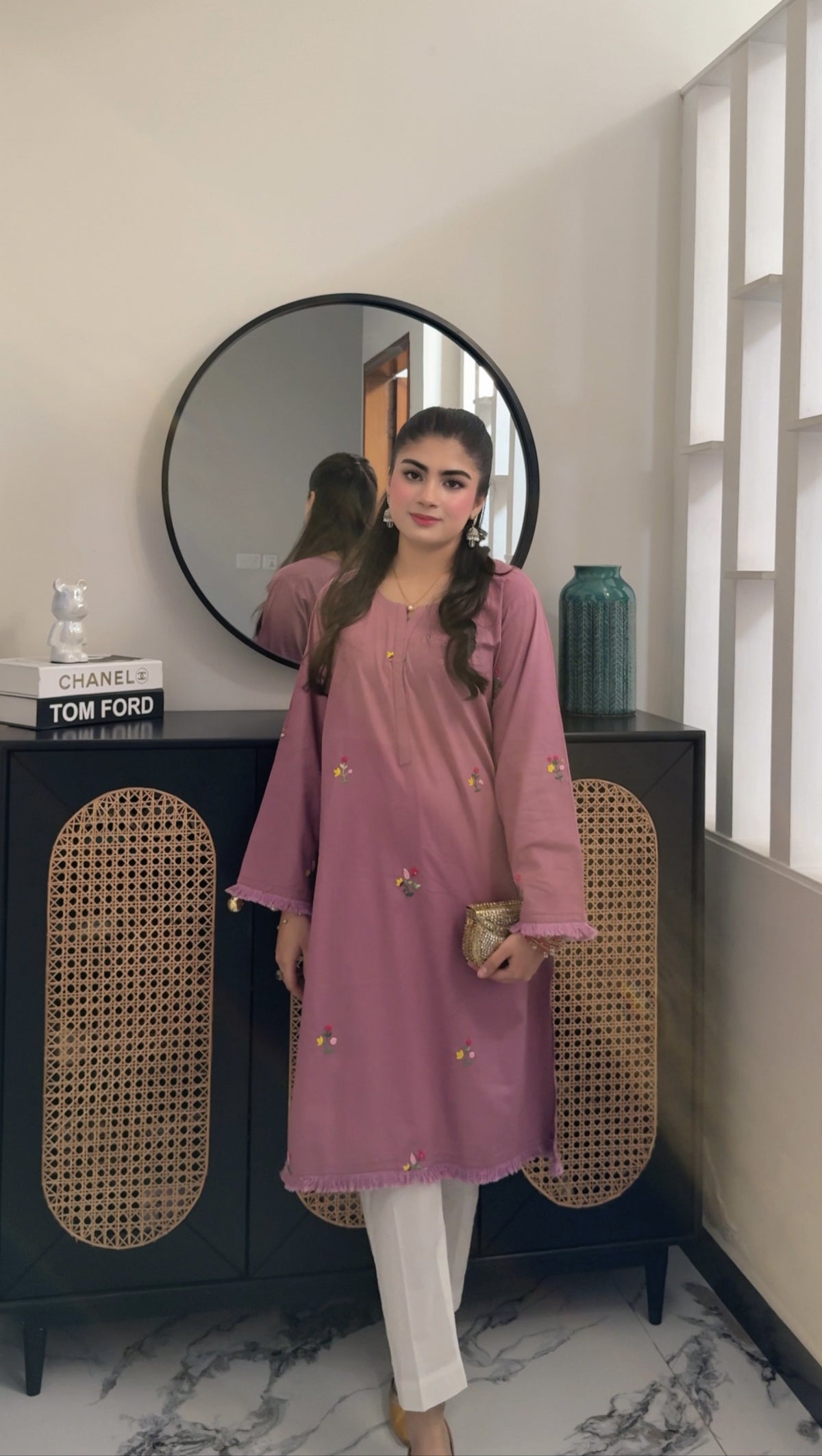 Dusty rose embroidered kurta set worn, real photo