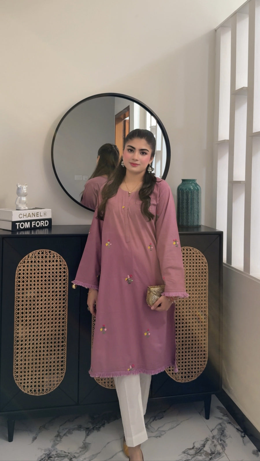 Dusty rose embroidered kurta set worn, real photo