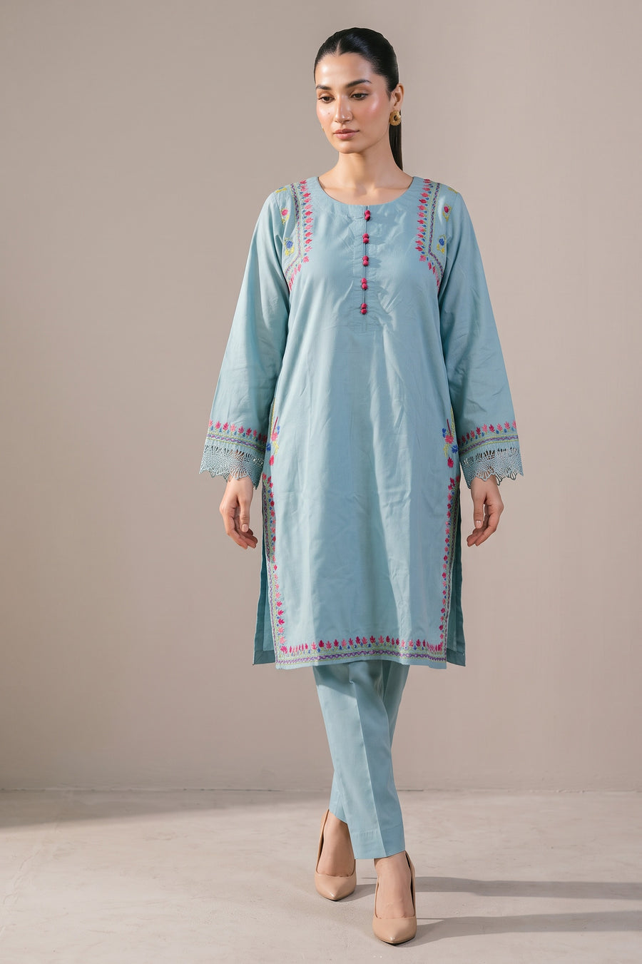 Powder Blue Embroidered Kurta Set - walking