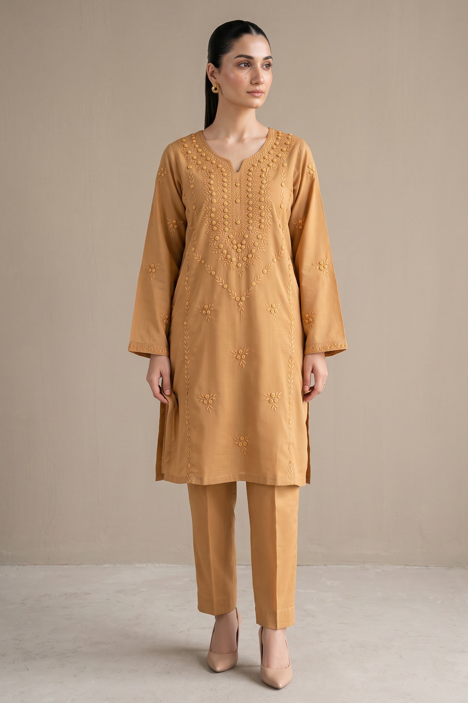 Camel gold embroidered kurta set front view