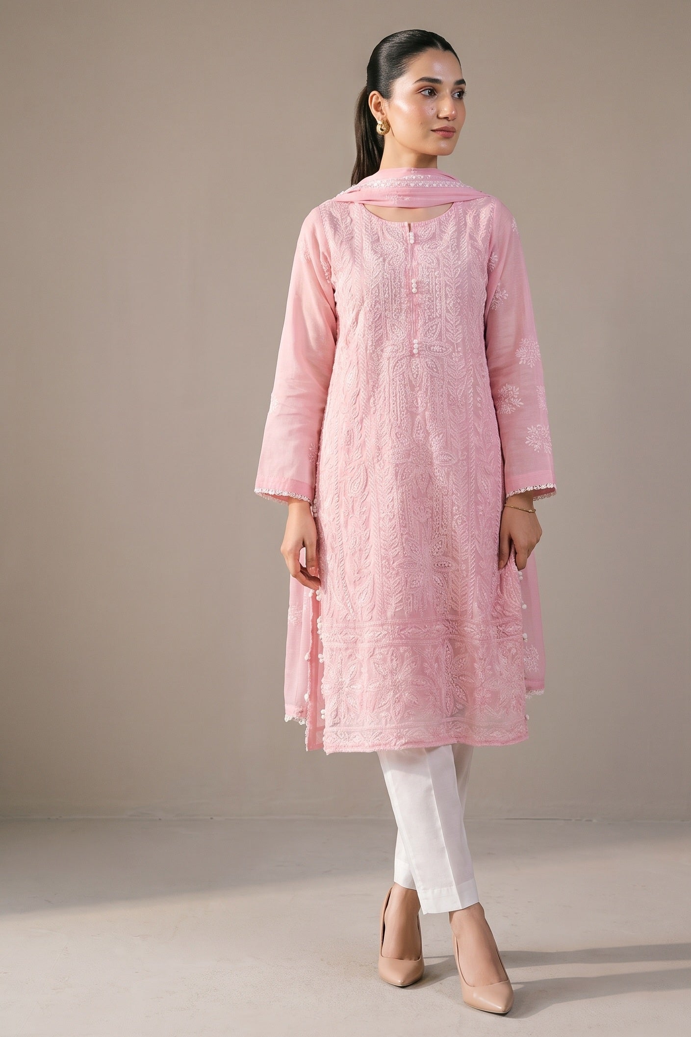 Pink Chikankari Style Kurta Set - front