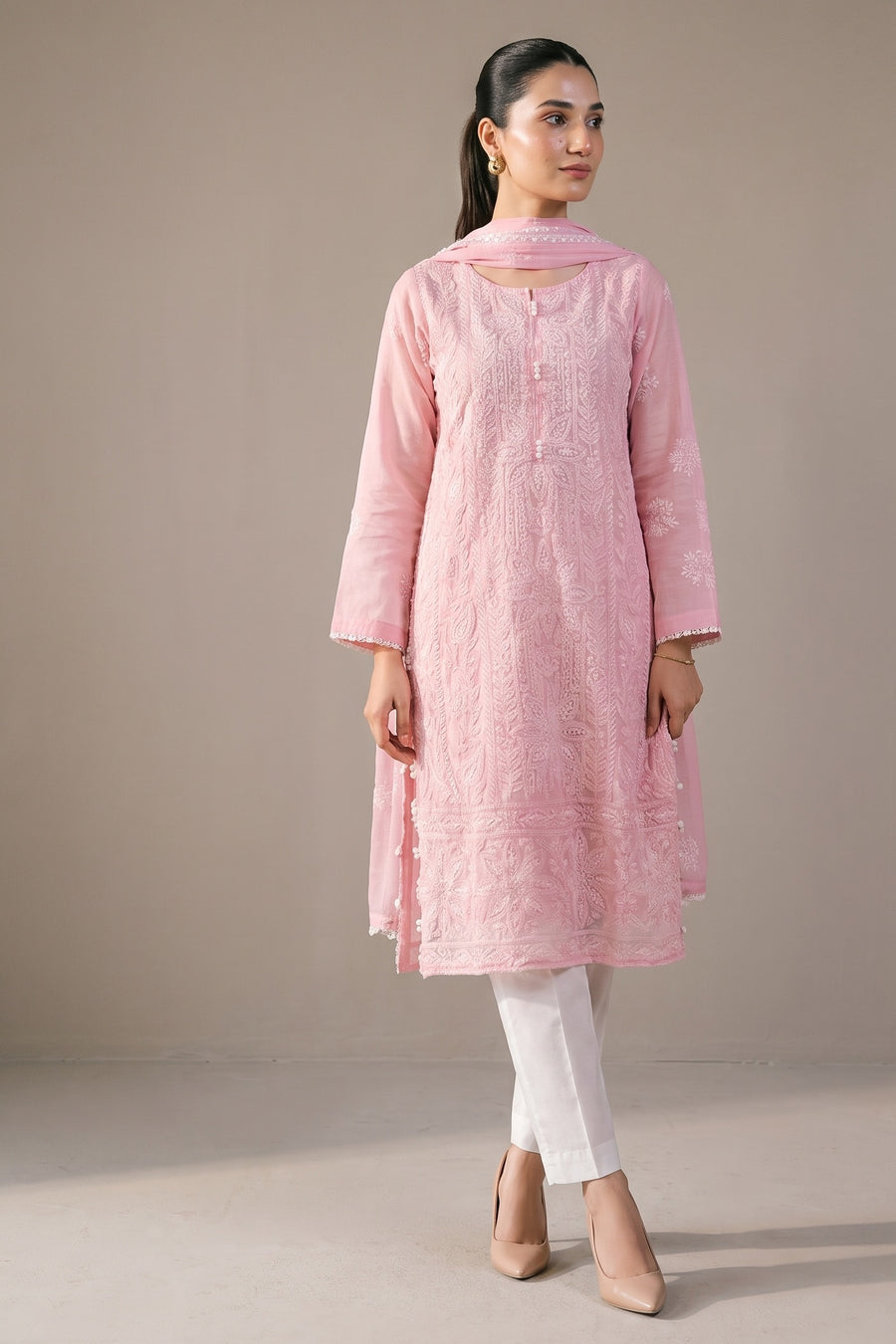 Pink Chikankari Style Kurta Set - front
