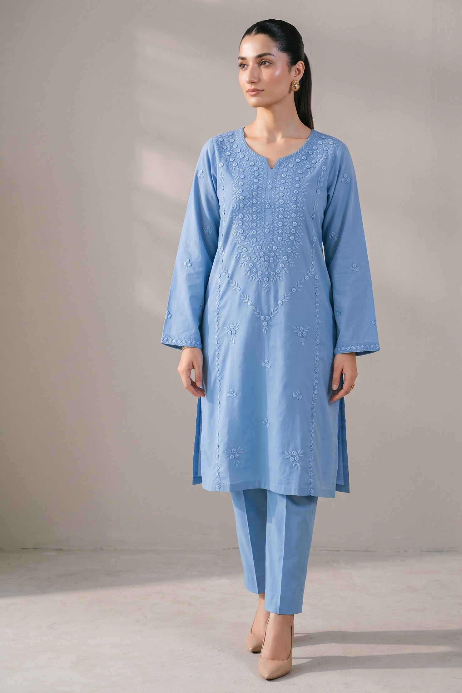 Cornflower blue embroidered kurta set front view
