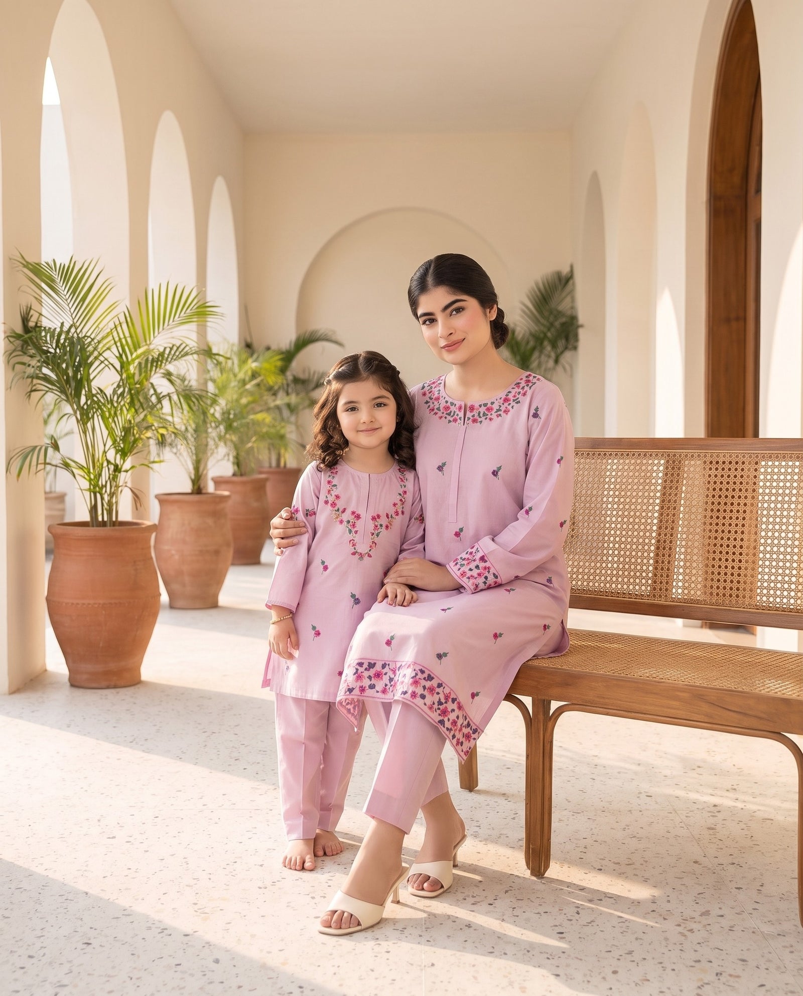Mother and daughter in matching pink embroidered kurta sets on a veranda