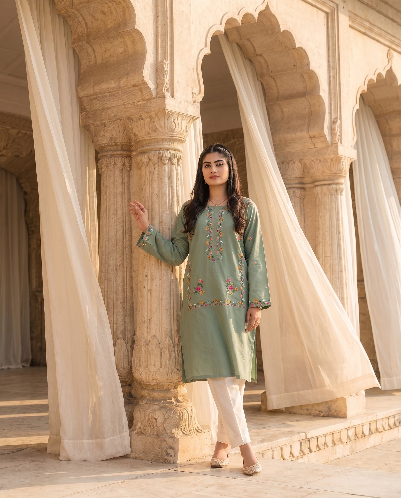 Model in sage knot vine kurta in a sandstone courtyard