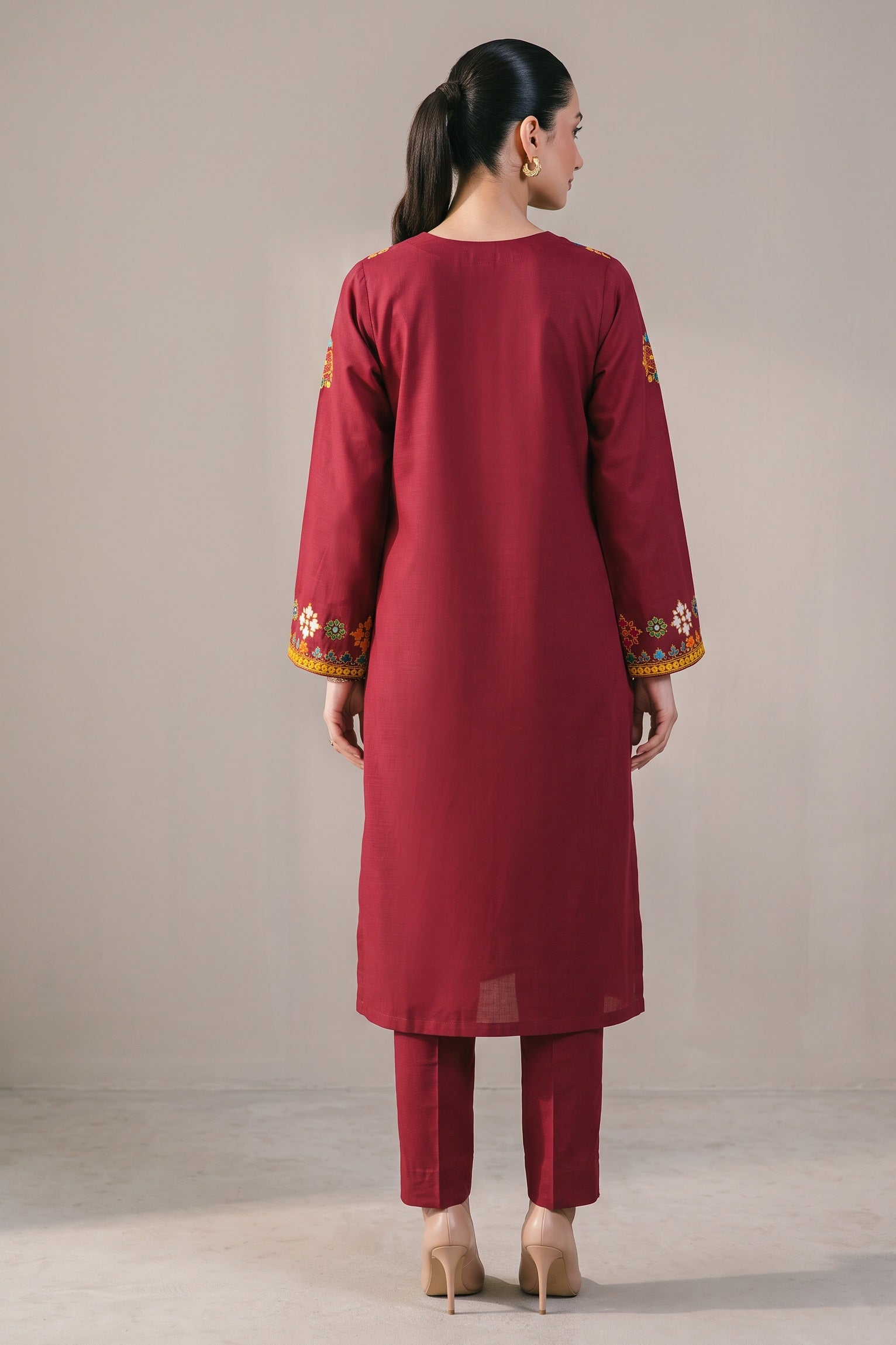 Maroon Phulkari Yoke Kurta Set - back