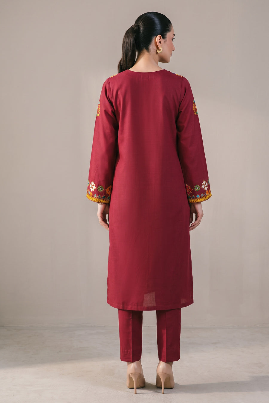 Maroon Phulkari Yoke Kurta Set - back