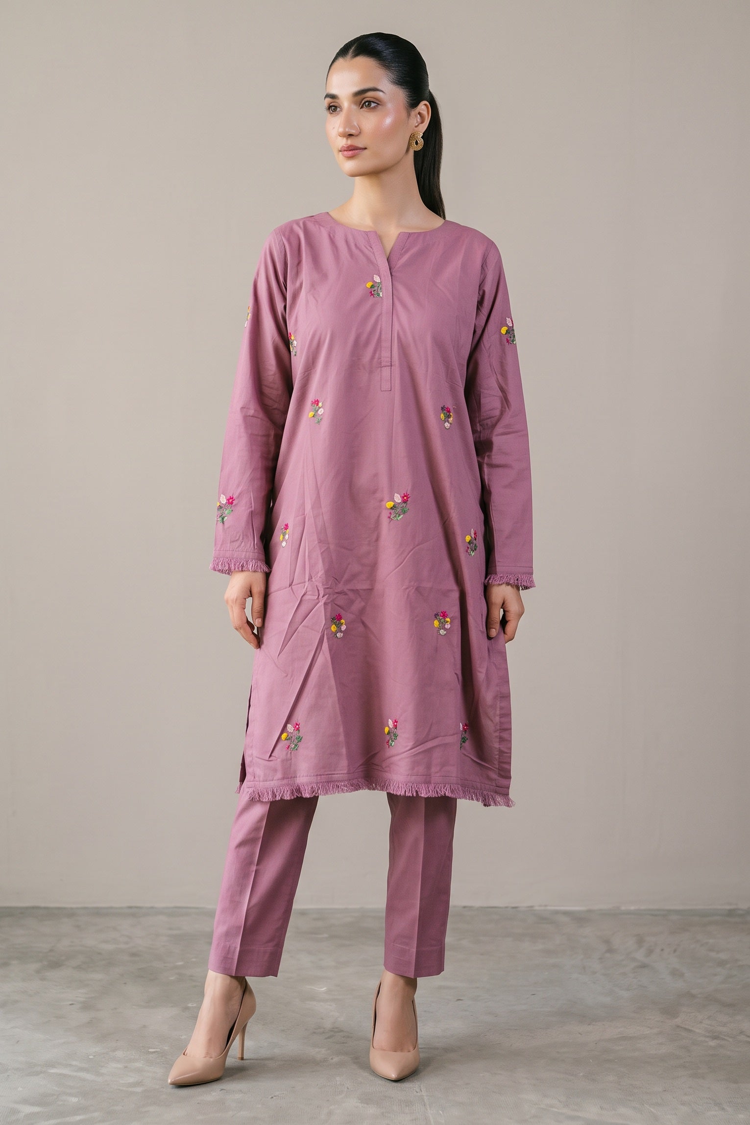 Dusty Rose Embroidered Kurta Set - front