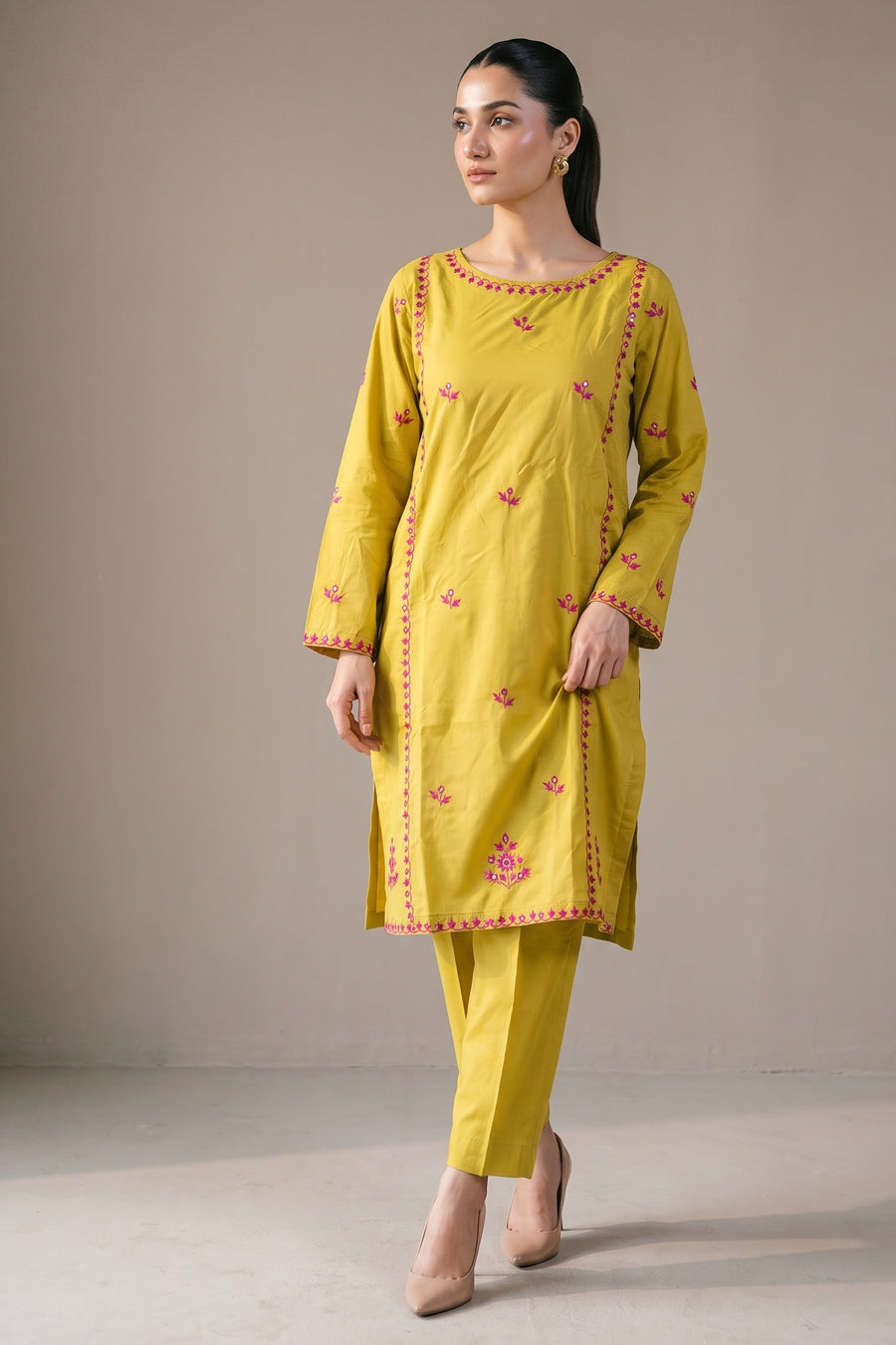 Mustard Embroidered Kurta Set - front