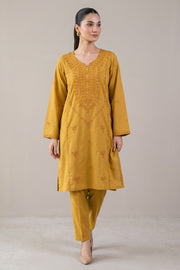 Ochre embroidered kurta set front view