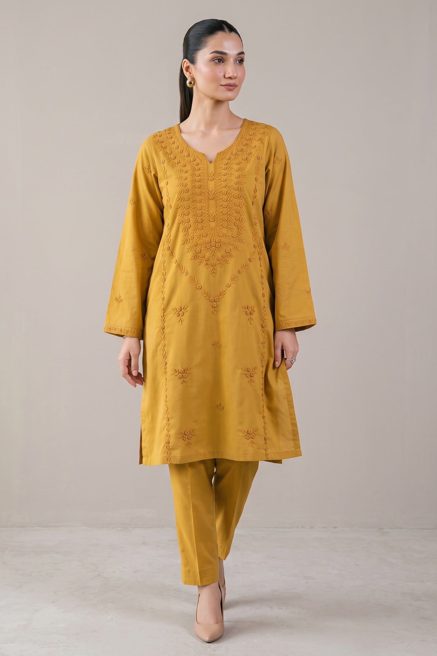 Ochre embroidered kurta set front view
