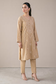Sand beige embroidered kurta set front view