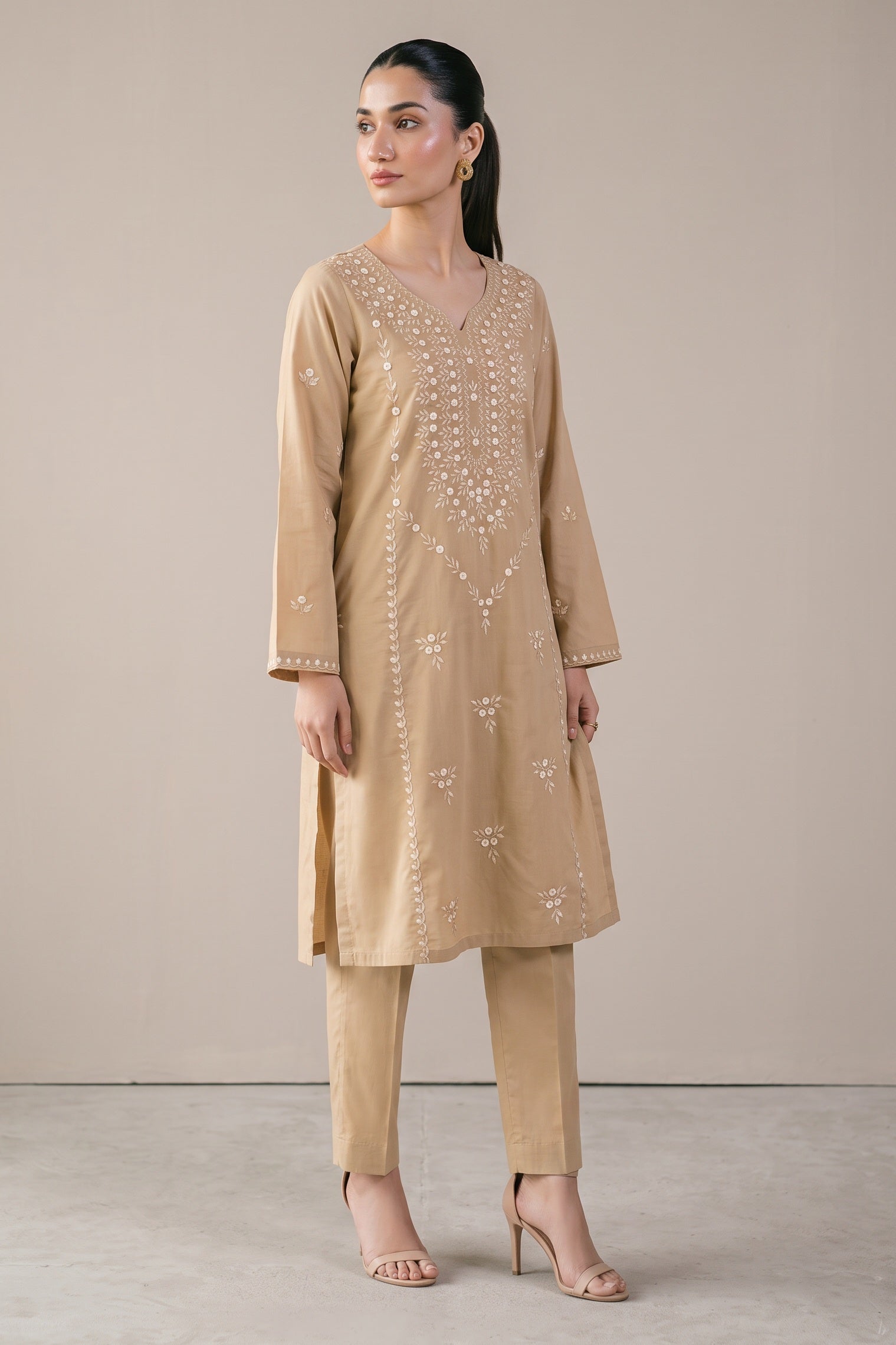 Sand beige embroidered kurta set front view