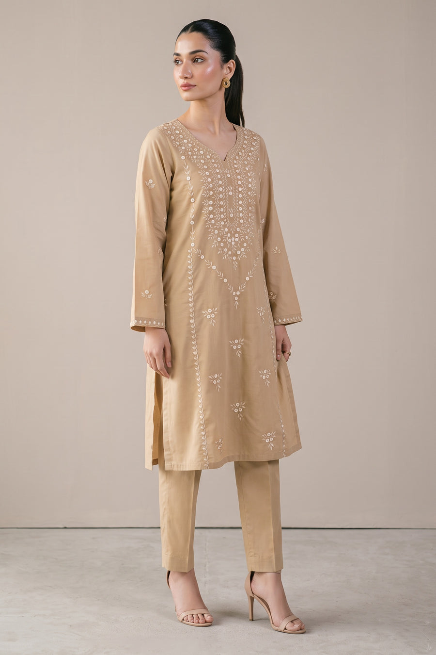 Sand beige embroidered kurta set front view