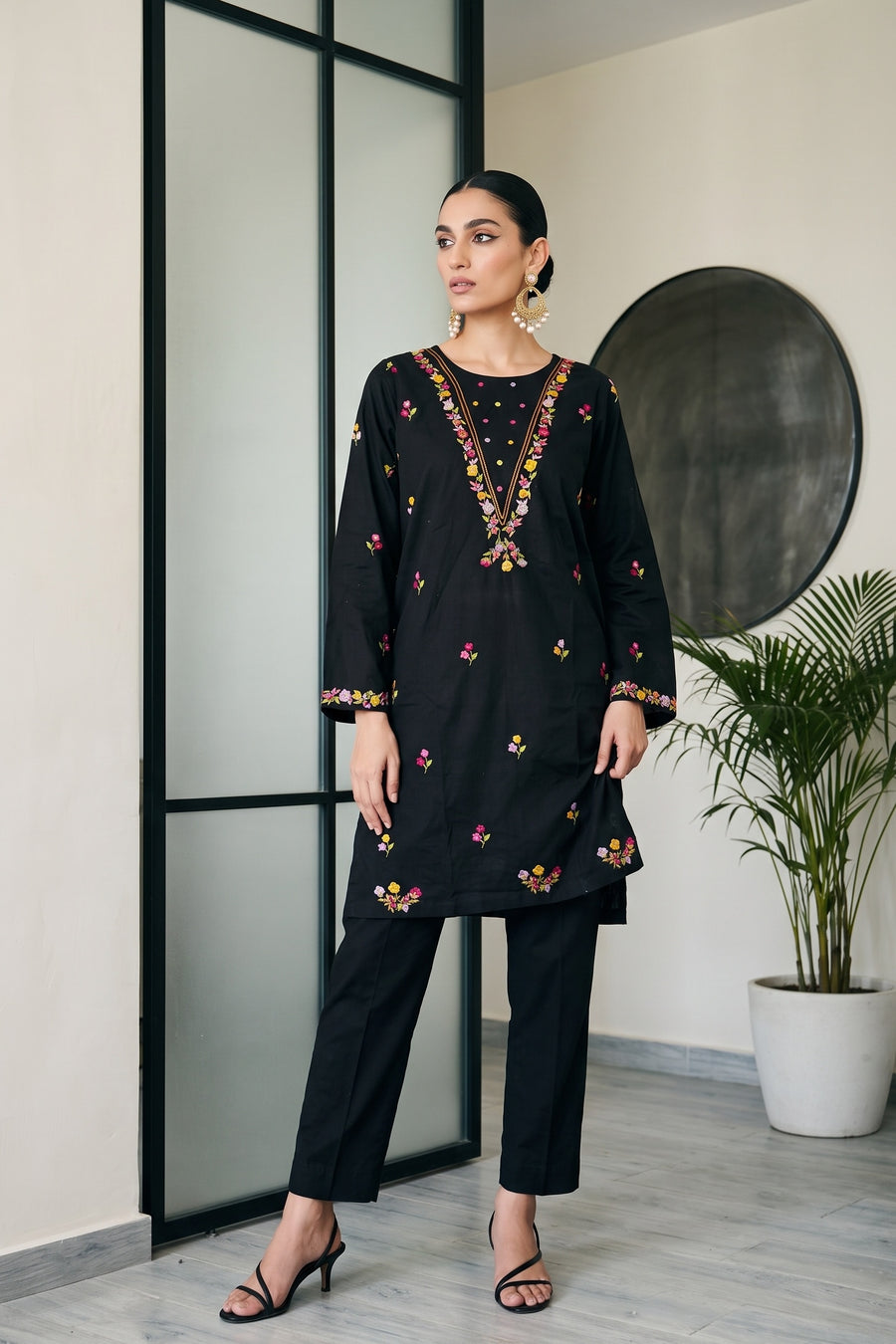 Black Embroidered Kurta Set - front