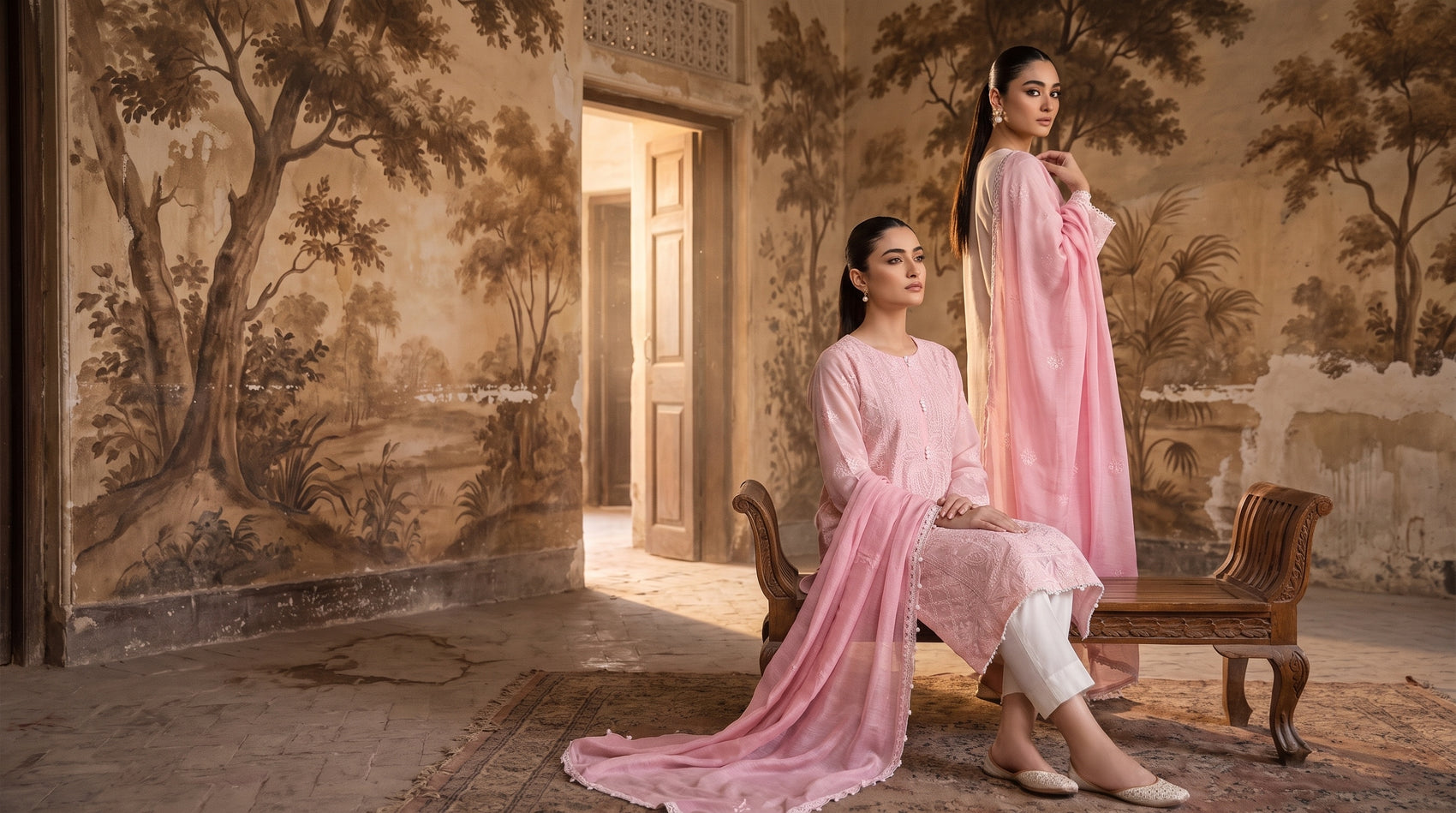 Two models in the pink chikankari kurta set in a sepia botanical mural hall