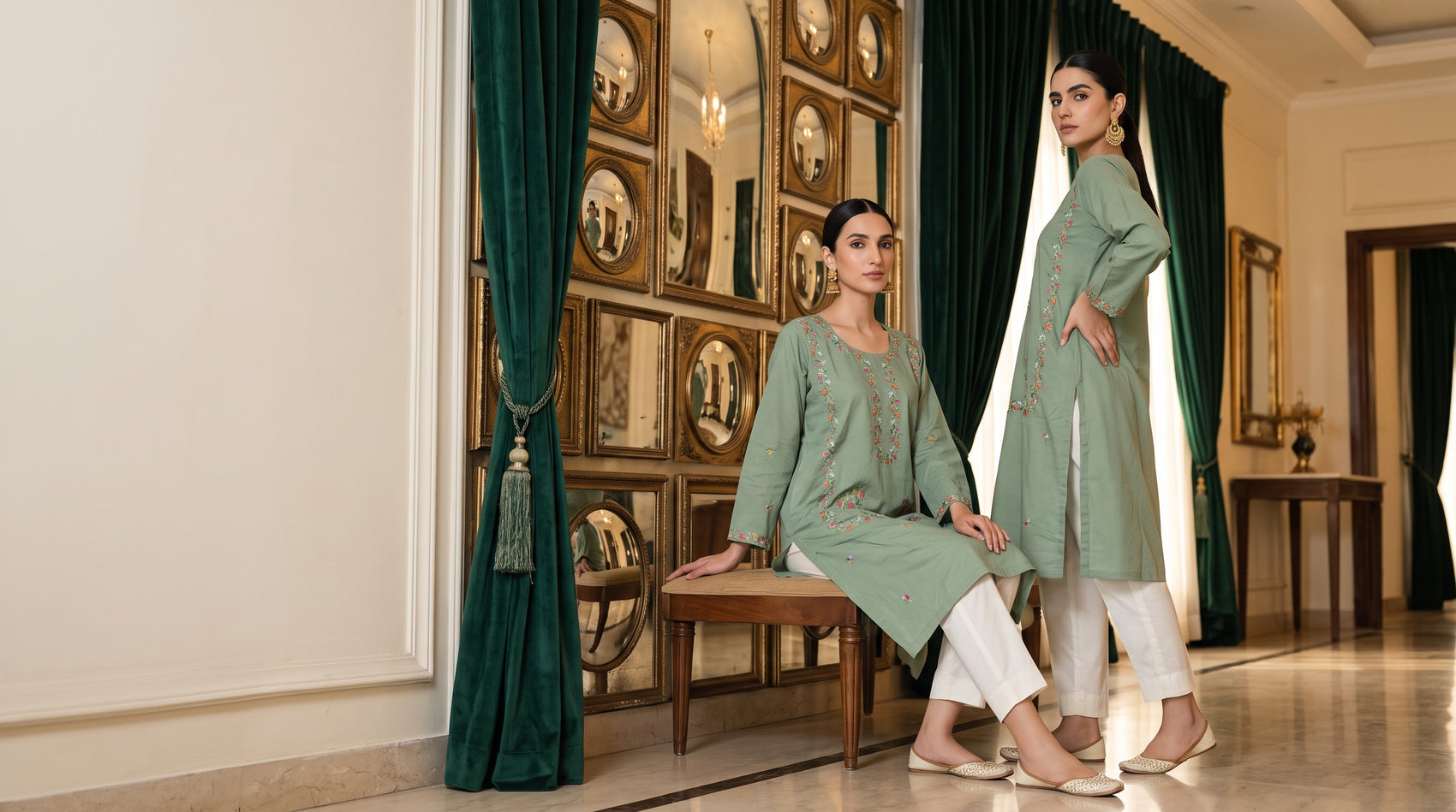 Two models in the sage green embroidered kurta set on a marble terrace
