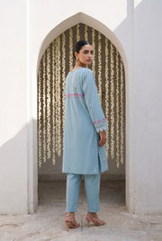 Powder blue embroidered kurta set, back view