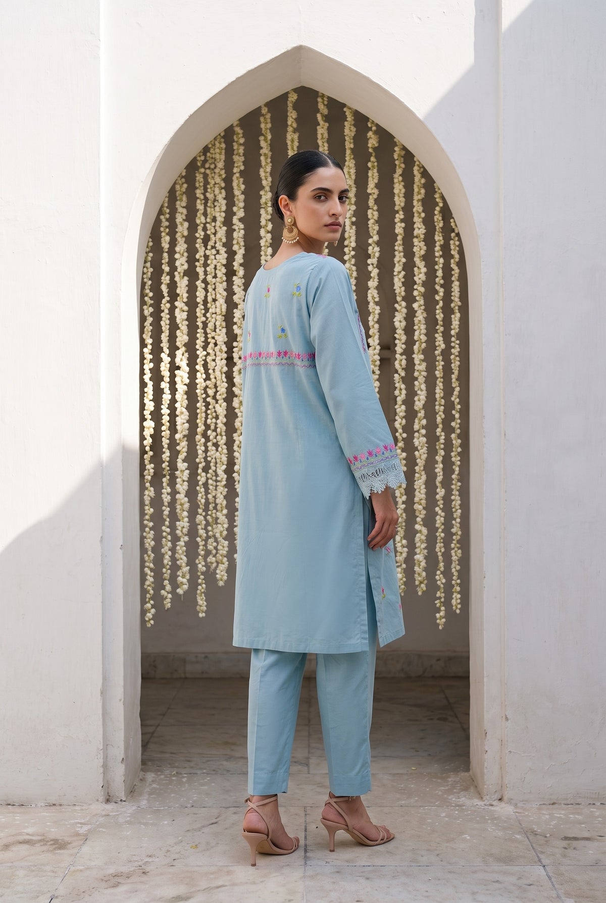 Powder blue embroidered kurta set, back view