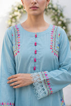 Powder blue kurta embroidery detail, neckline placket and crochet cuff