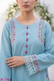 Powder blue kurta embroidery detail, neckline placket and crochet cuff