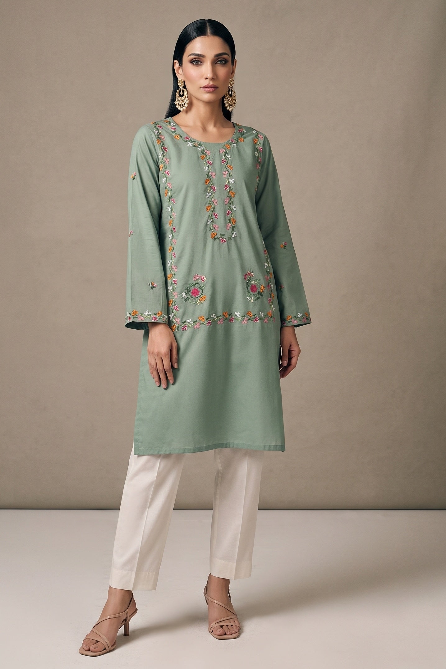 Sage Green Embroidered Kurta Set - front alternate