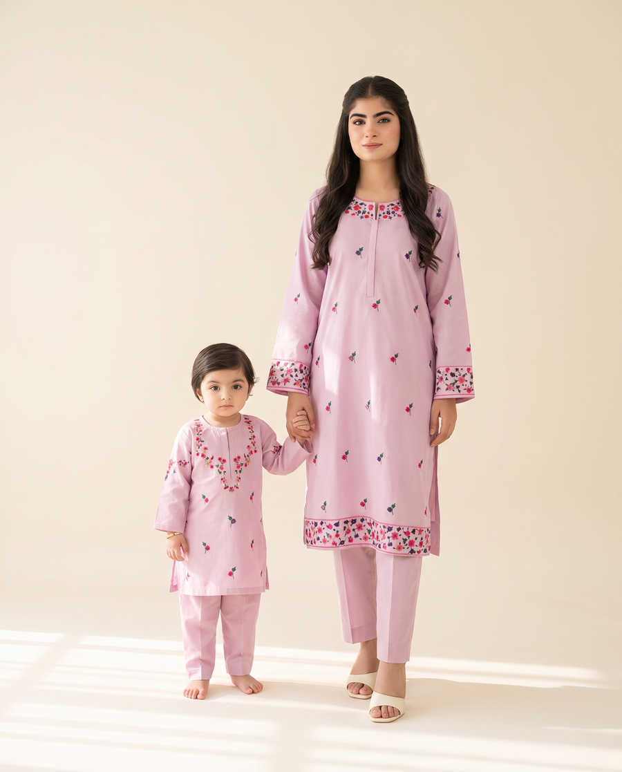 Pink mommy and me matching set, studio front
