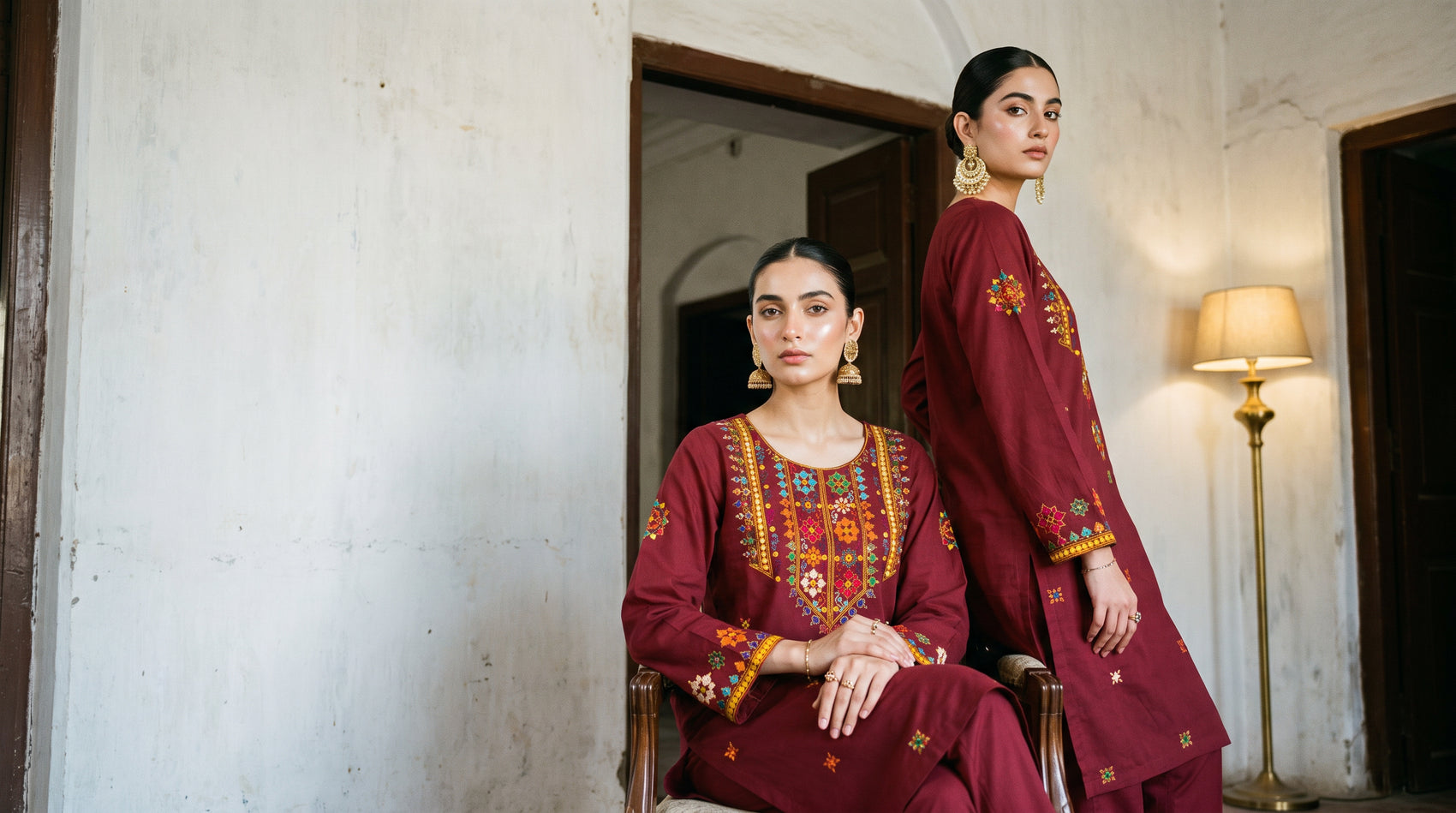 fk hero maroon phulkari duo, two models, heritage interior