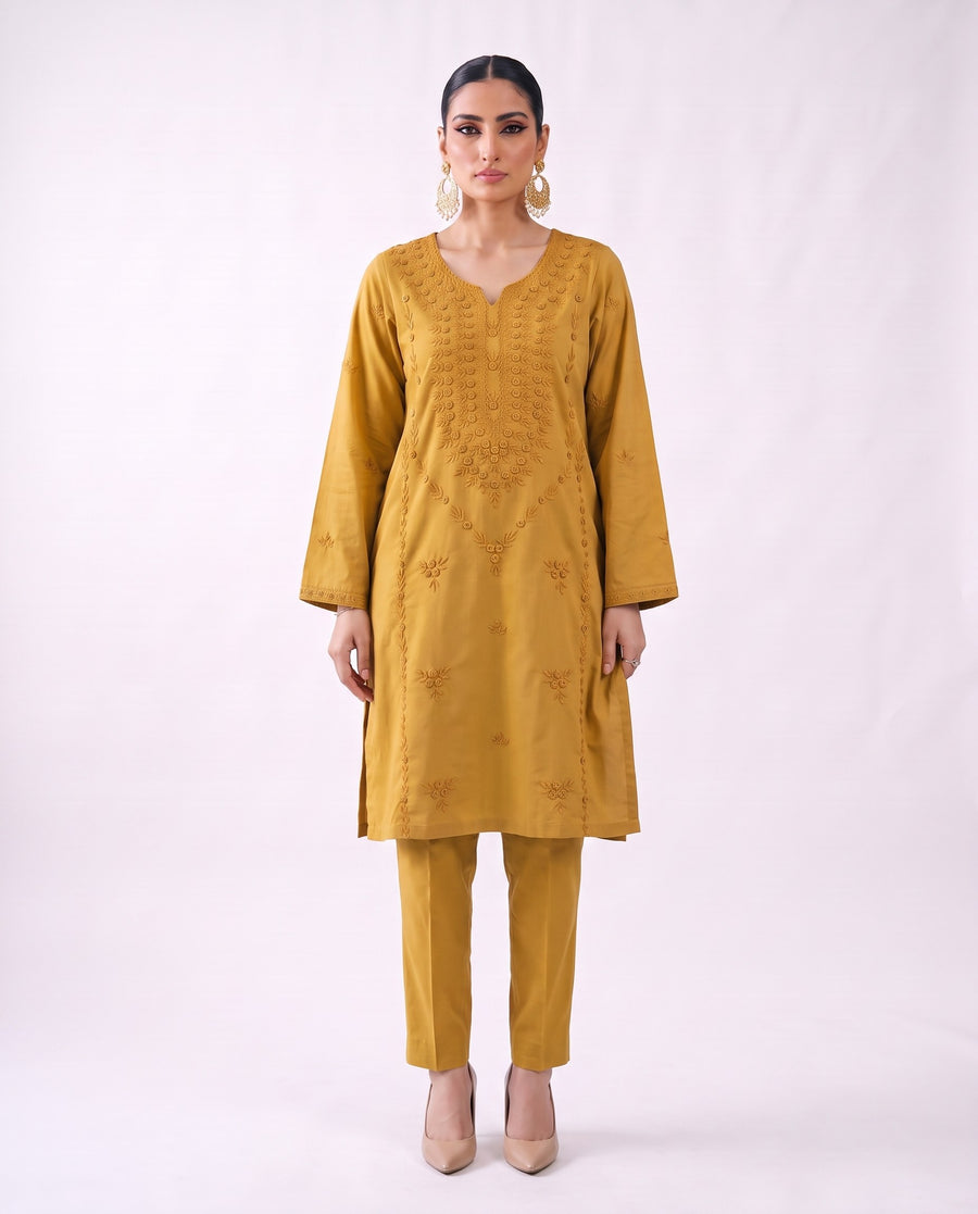 Ochre gold embroidered kurta set, design shot