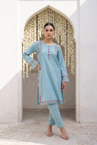 Powder blue embroidered kurta set, front view