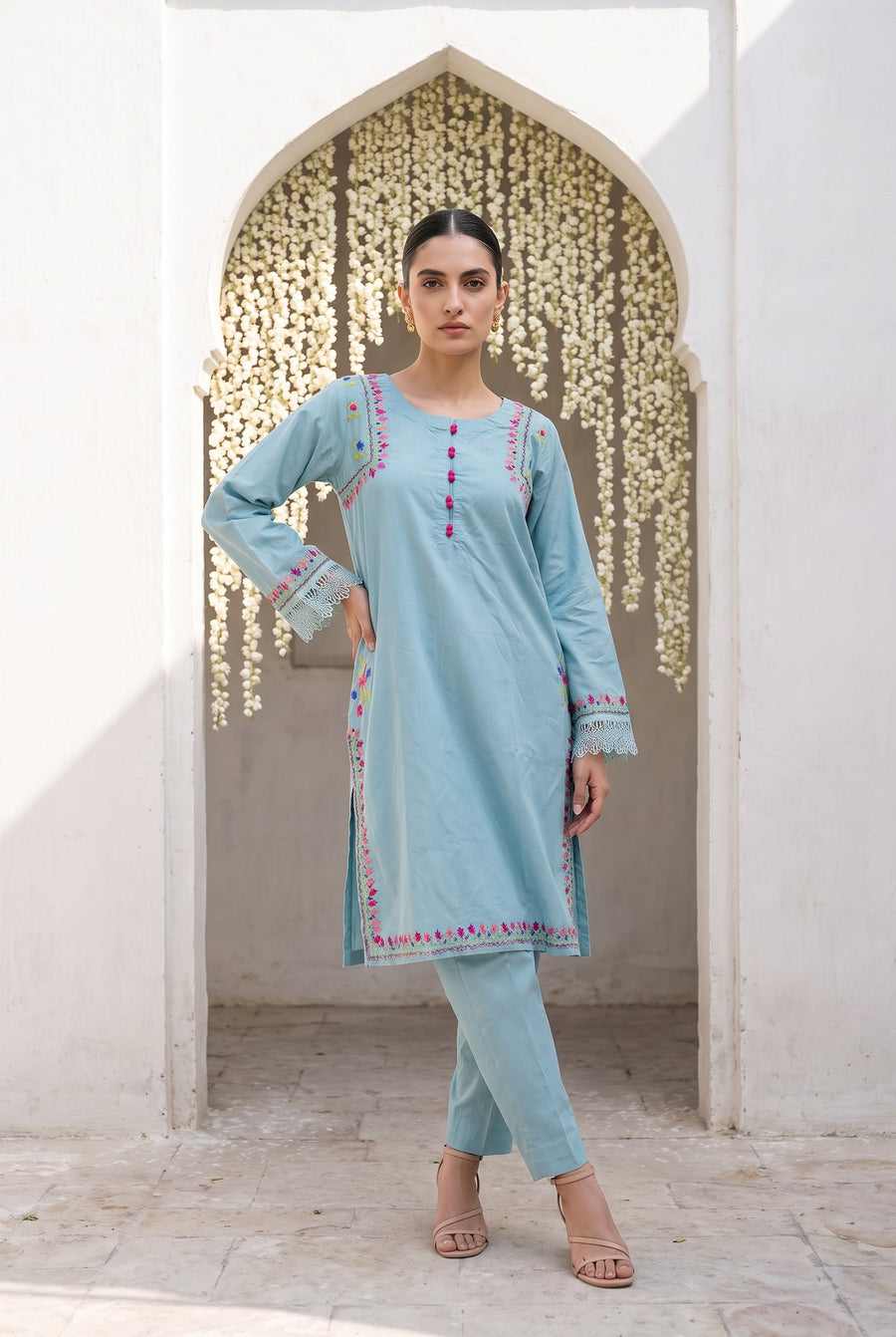 Powder blue embroidered kurta set, front view