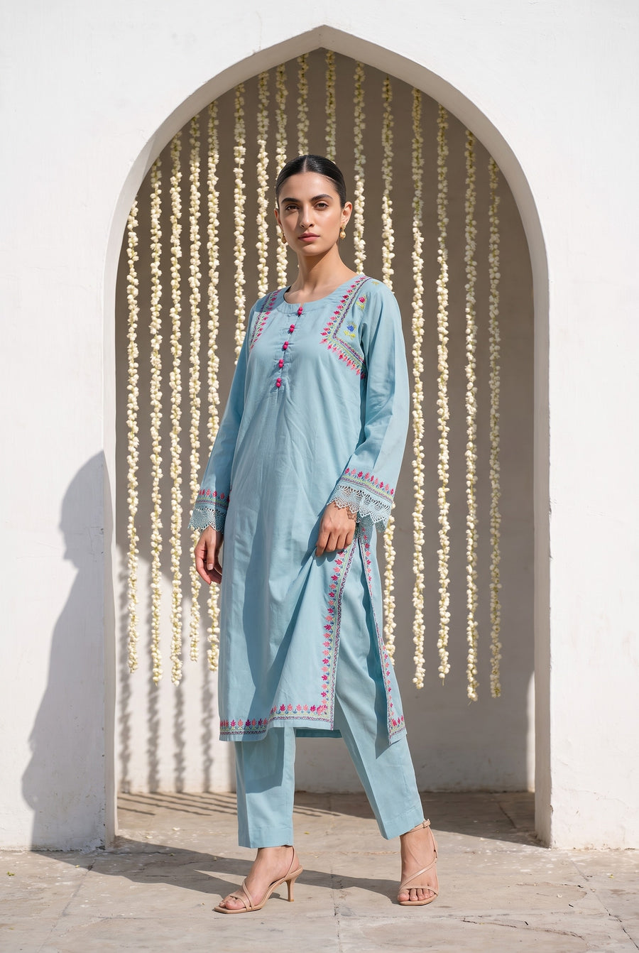 Powder blue embroidered kurta set, walking
