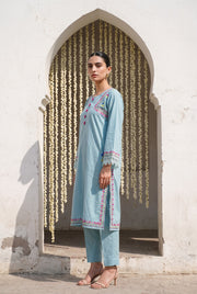 Powder blue embroidered kurta set, side view with slit