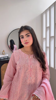 Pink chikankari kurta set with dupatta worn, real photo