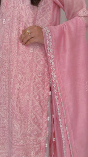 Pink chikankari dupatta and lace edge detail