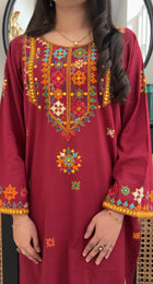 Maroon phulkari yoke kurta set worn, real photo