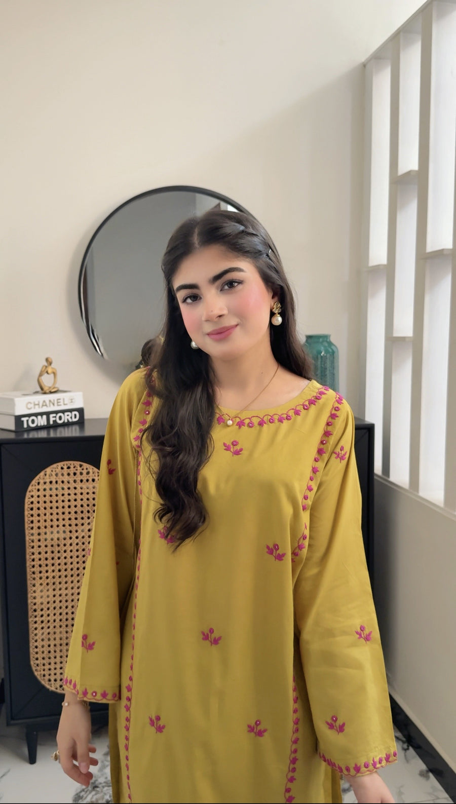 Mustard embroidered kurta set worn, real photo