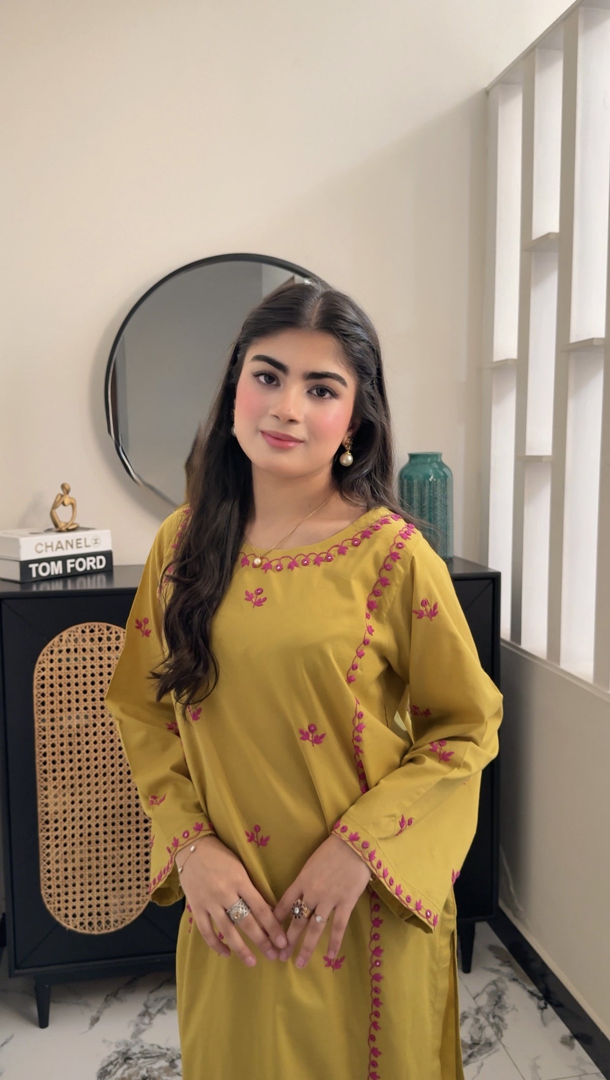 Mustard embroidered kurta set, real photo