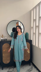Powder blue embroidered kurta set worn, real photo