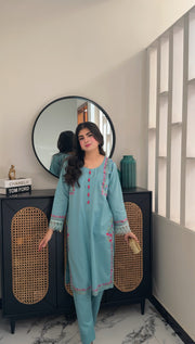 Powder blue embroidered kurta set worn, real photo