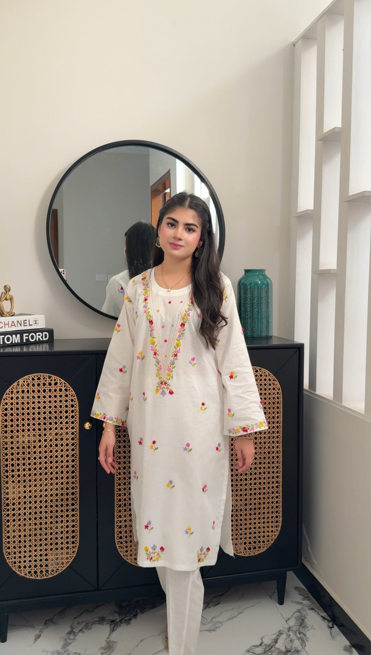 White multicolour embroidered kurta worn, real photo