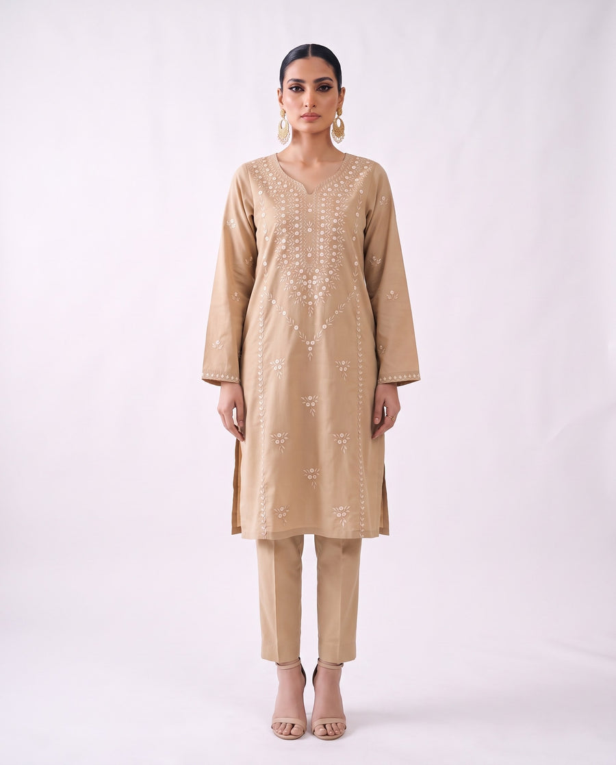 Sand beige embroidered kurta set, design shot