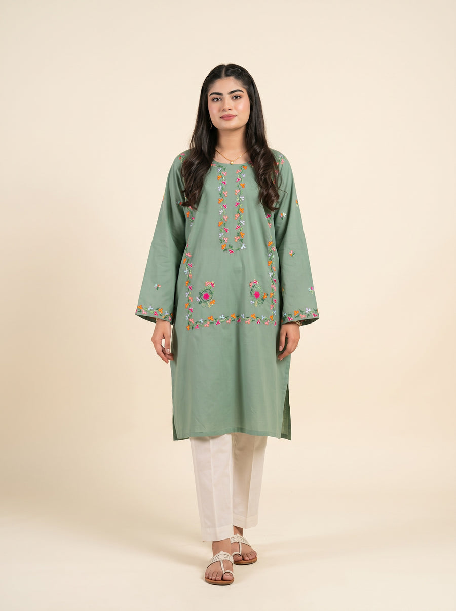 Sage green embroidered kurta set, front