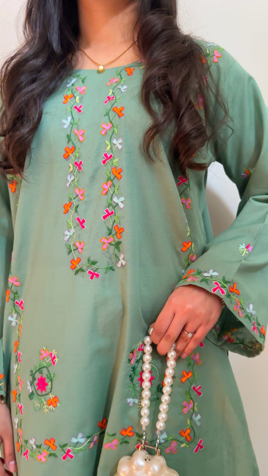 Sage green kurta, real embroidery close-up
